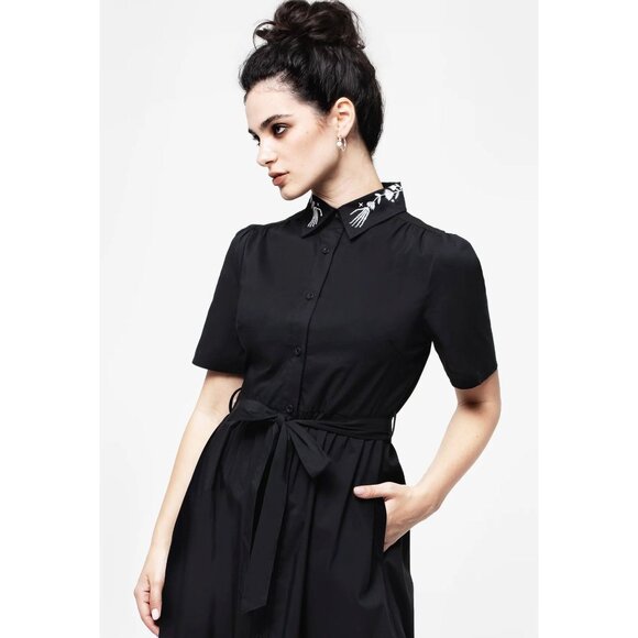 Disturbia Tempora Embroidered Midi Shirt Dress Skeleton Hand Belted Black US 12 - Picture 2 of 16